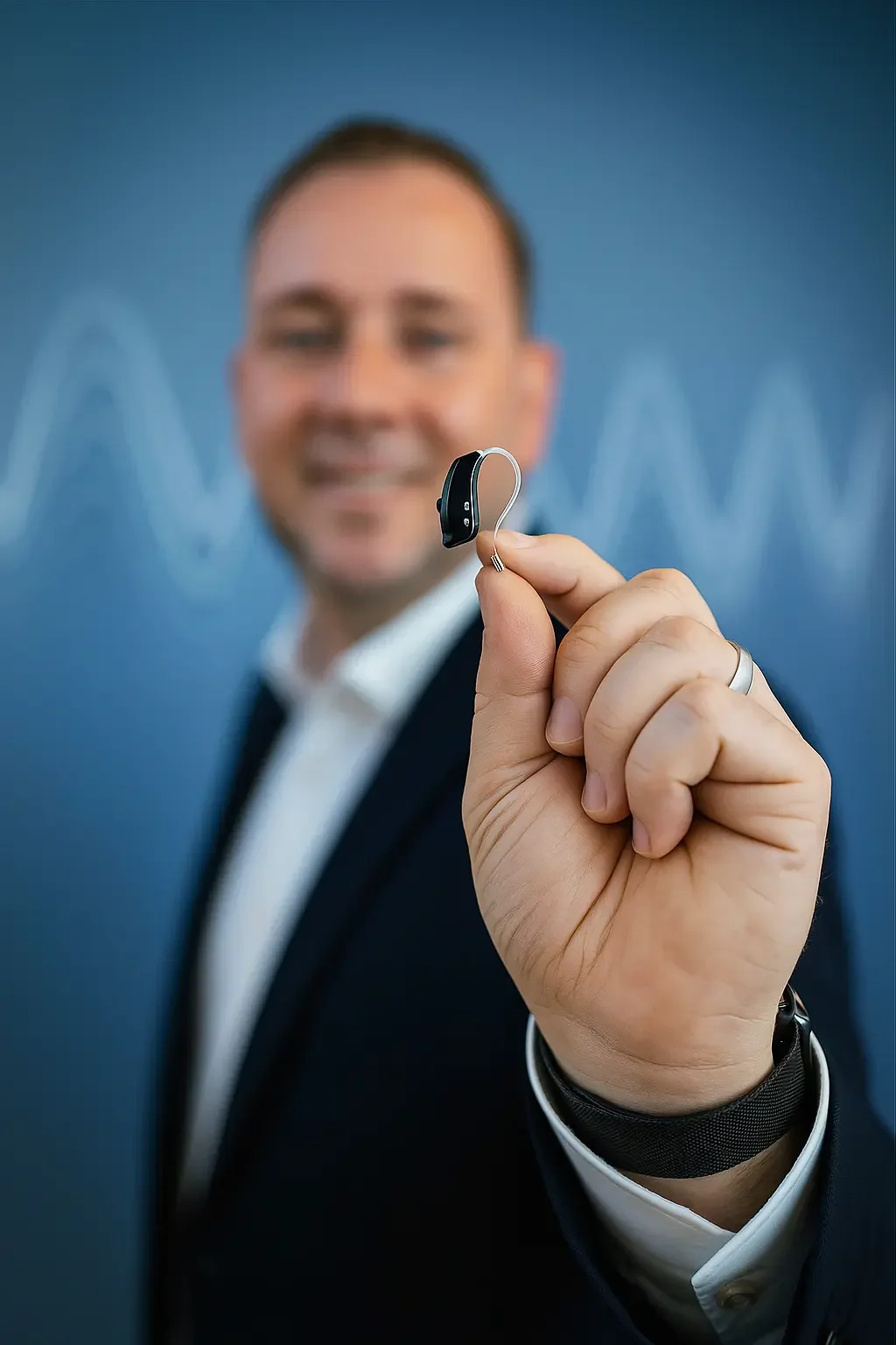 Meister hält ein Hörgerät in der Hand